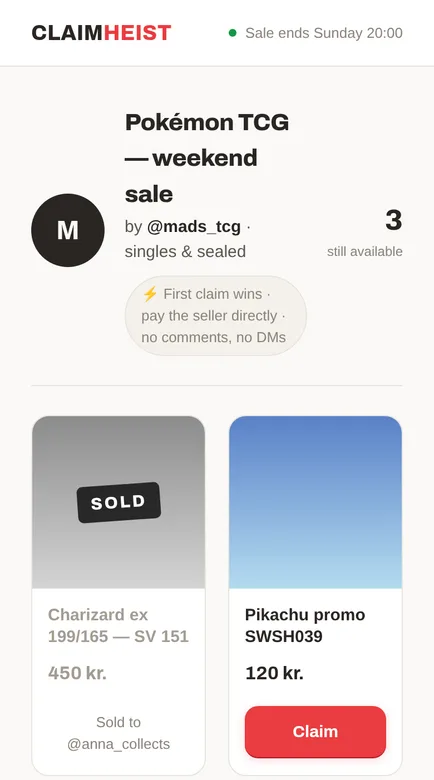 Claimheist buyer page on a phone: a sold item locked to its winner next to an available item with a Claim button