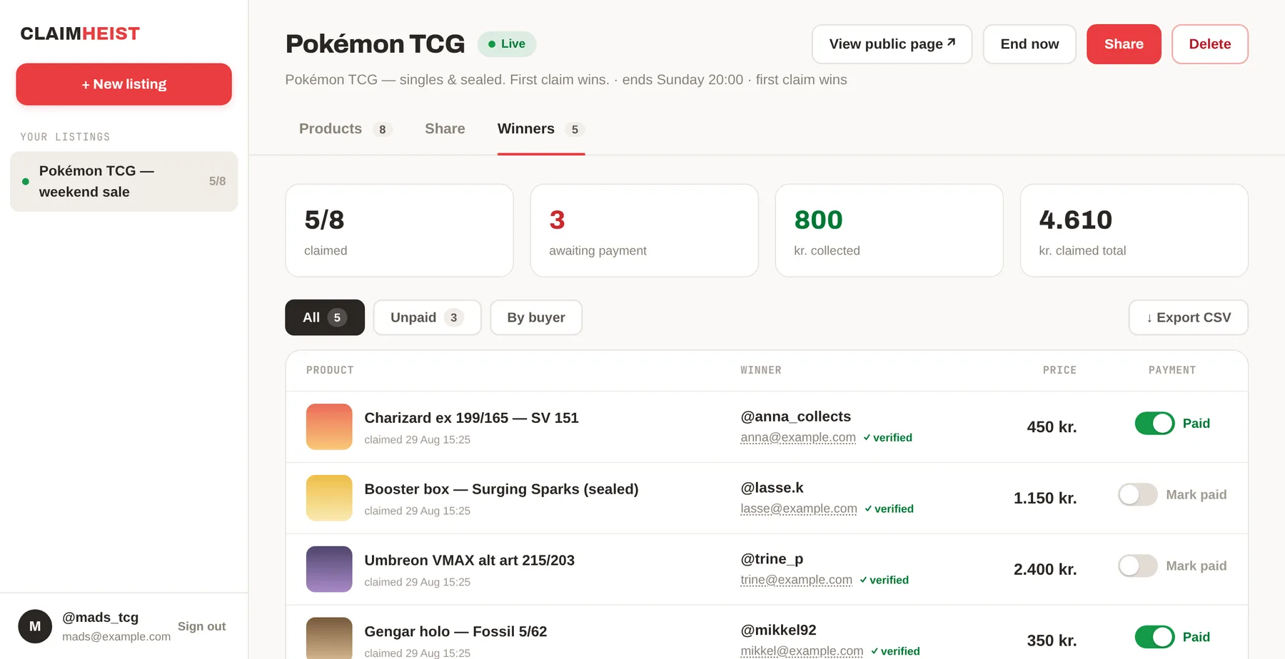 Claimheist seller dashboard, Winners tab: claimed items with buyer handle, email, verified status, price and paid toggle